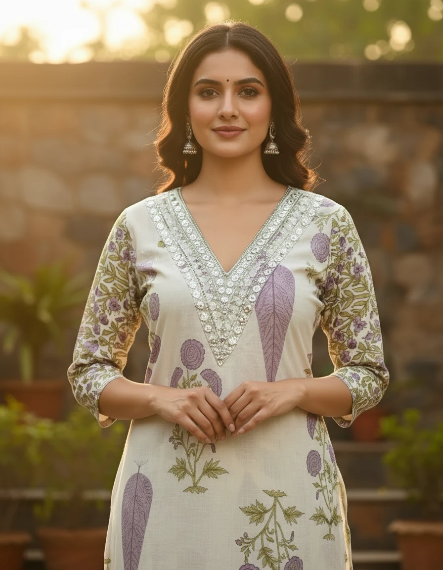 Women’s Floral Printed V-Neck Kurta with Straight Pants Set view 2