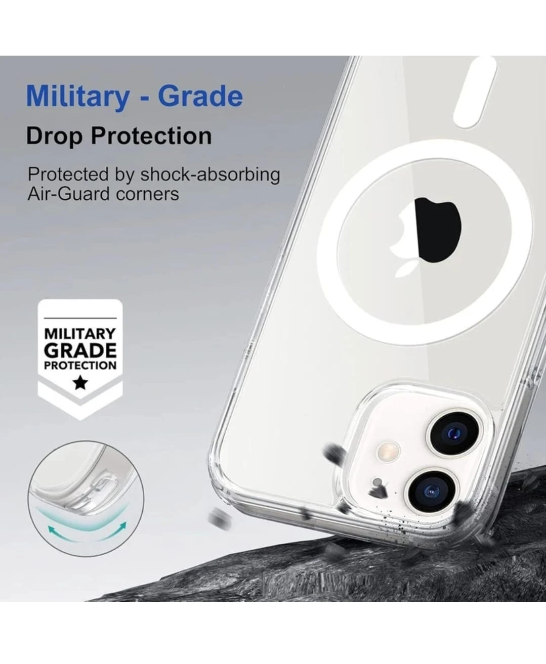 Transparent MagSafe-compatible clear case shown on iPhone 11 Pro Max with reinforced corners