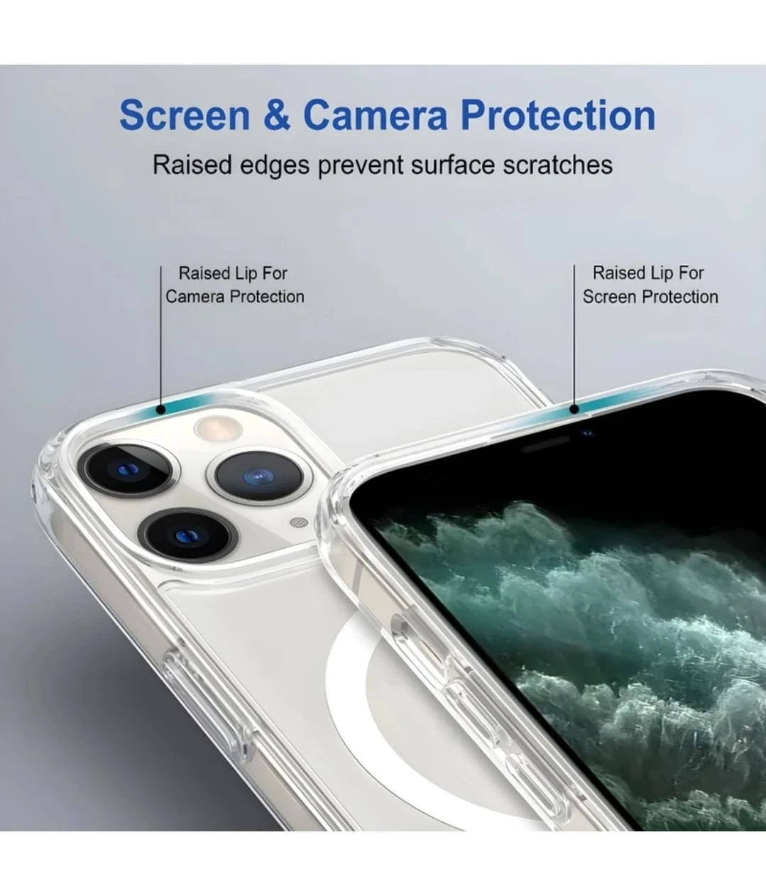 Transparent MagSafe-compatible clear case shown on iPhone 11 Pro Max with reinforced corners