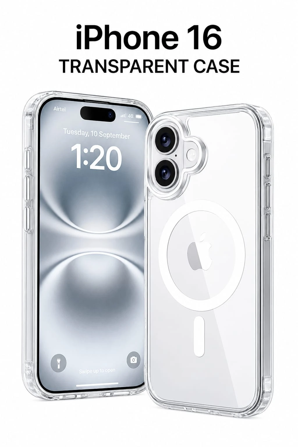 Clear transparent protective case shown on front and back of an iPhone 16 with camera cutout