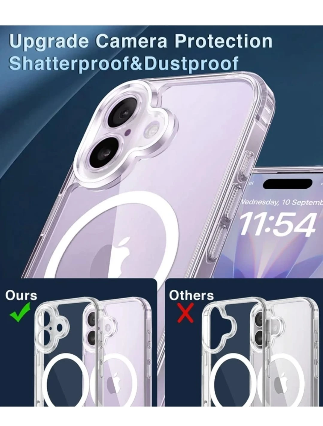 Clear transparent protective case shown on front and back of an iPhone 16 with camera cutout