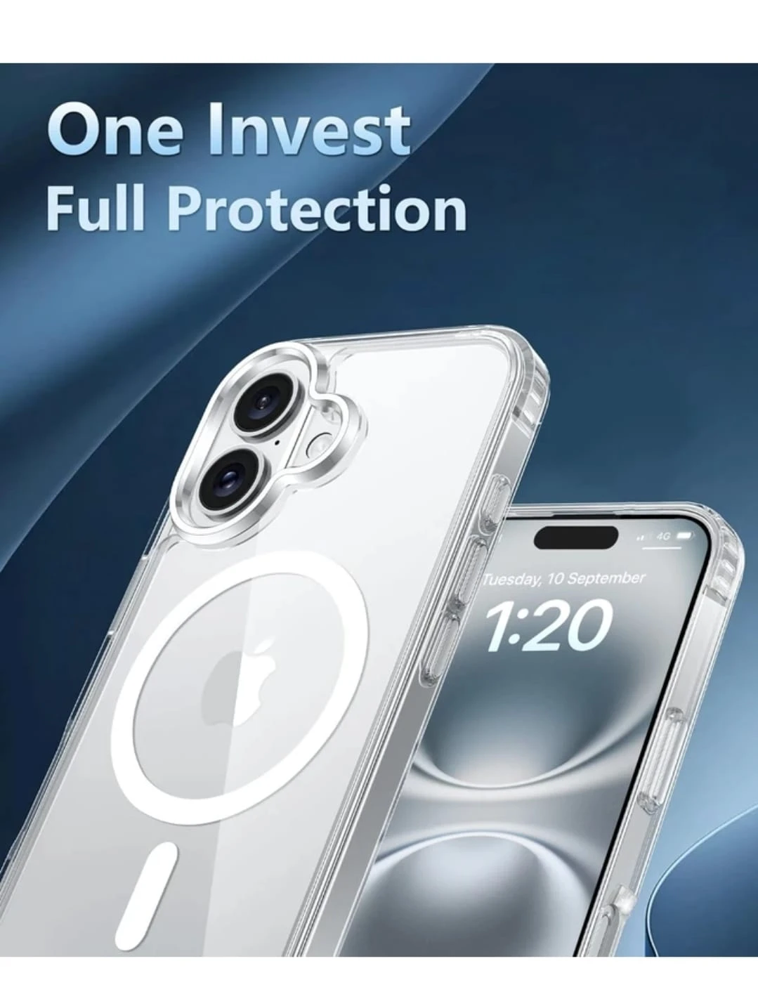 Clear transparent protective case shown on front and back of an iPhone 16 with camera cutout