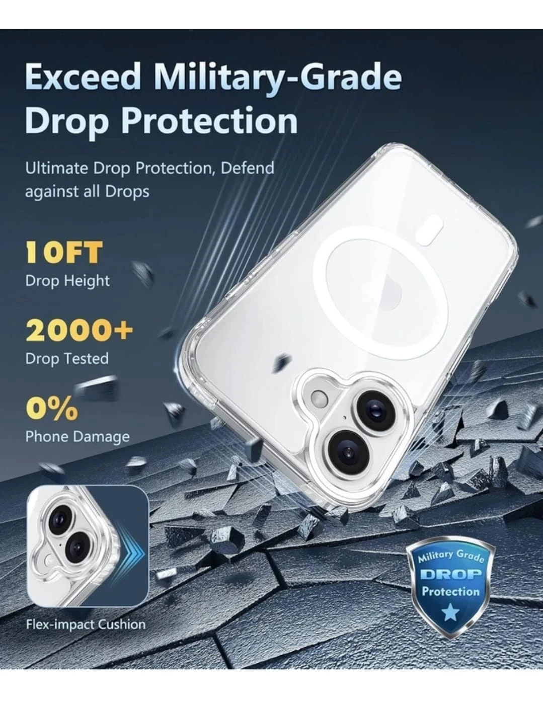 Clear transparent protective case shown on front and back of an iPhone 16 with camera cutout