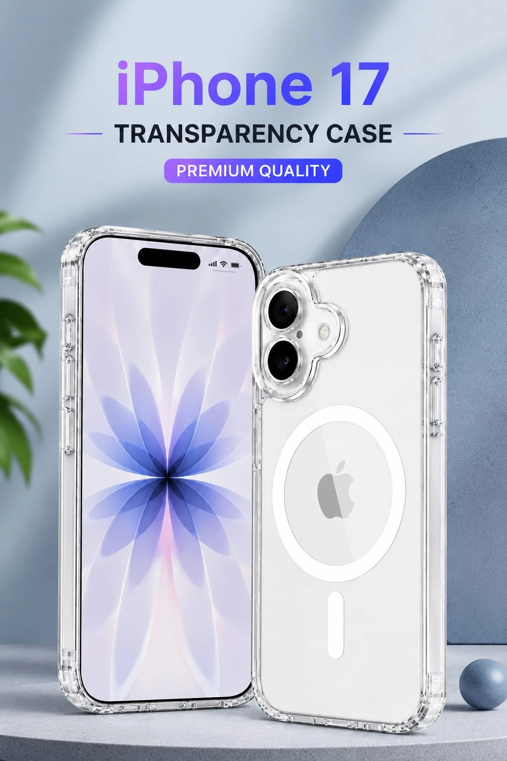 Clear transparent iPhone 17 case shown on front and back with raised camera cutout and MagSafe-style ring