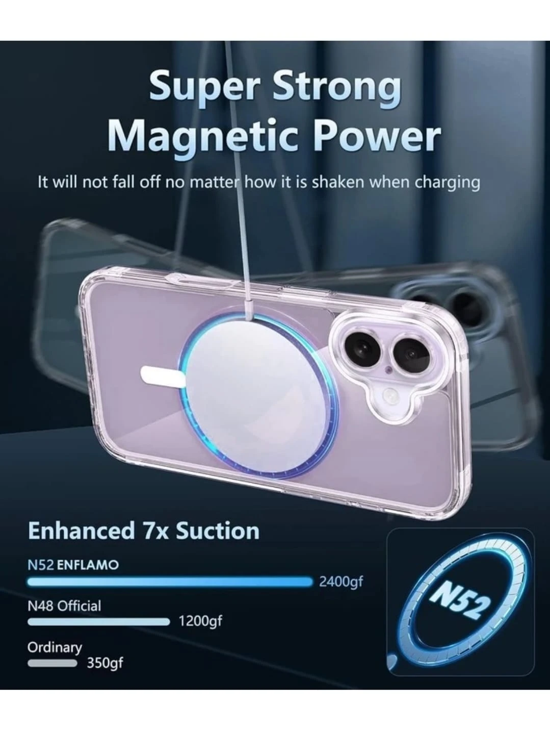 Clear transparent iPhone 17 case shown on front and back with raised camera cutout and MagSafe-style ring