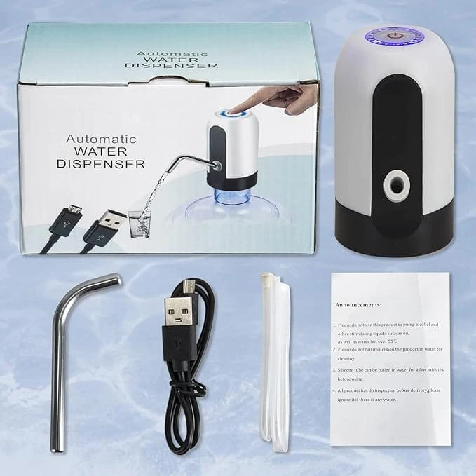White and black automatic water dispenser pump pouring water into a glass from a bottle top