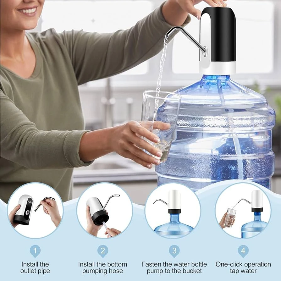 White and black automatic water dispenser pump pouring water into a glass from a bottle top