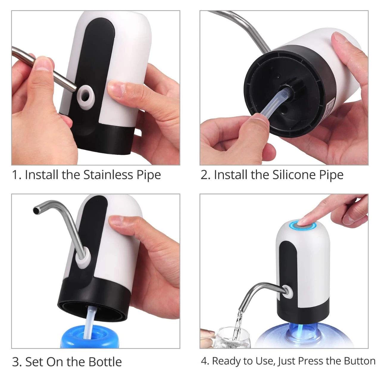 White and black automatic water dispenser pump pouring water into a glass from a bottle top