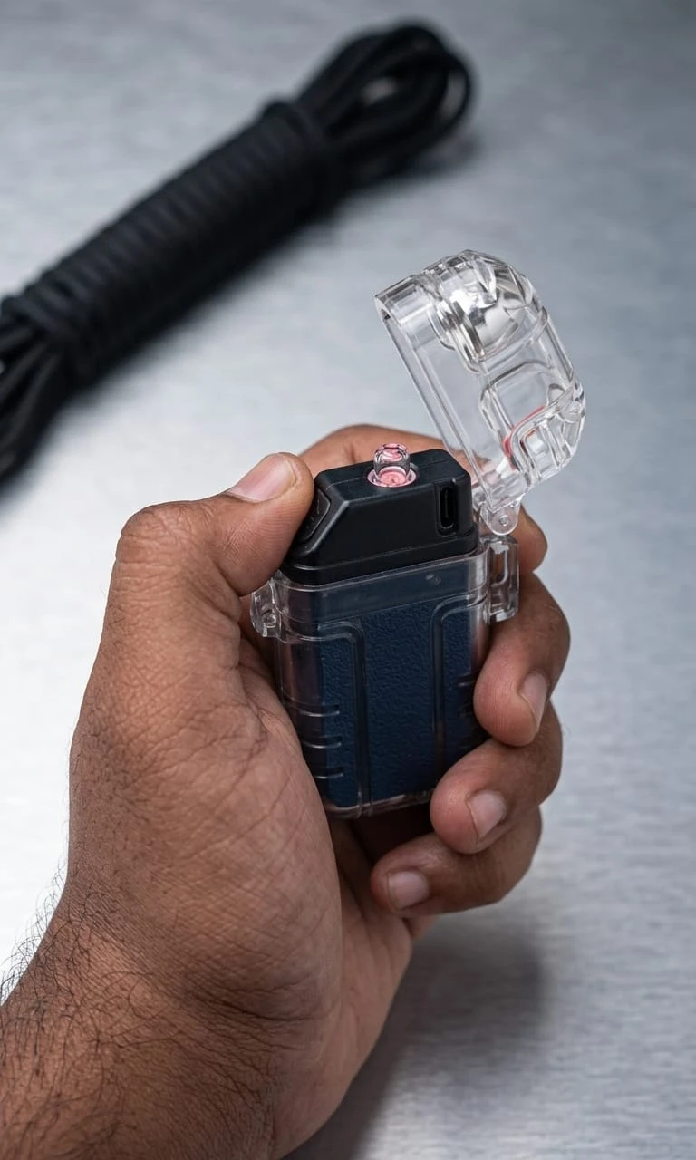 Hand holding a compact 3-in-1 USB rechargeable keychain lighter with LED flashlight and glowing heating coil