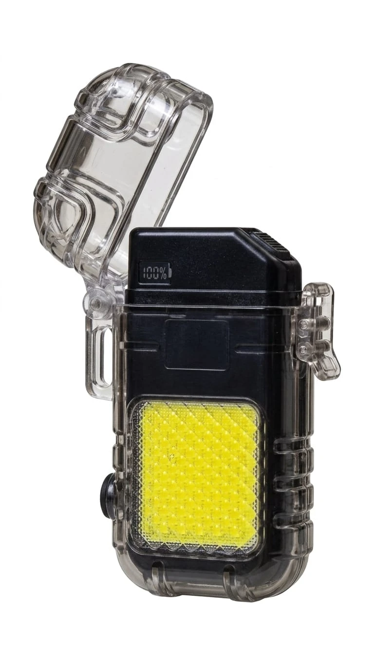 Hand holding a compact 3-in-1 USB rechargeable keychain lighter with LED flashlight and glowing heating coil