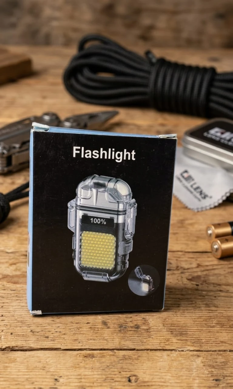 Hand holding a compact 3-in-1 USB rechargeable keychain lighter with LED flashlight and glowing heating coil