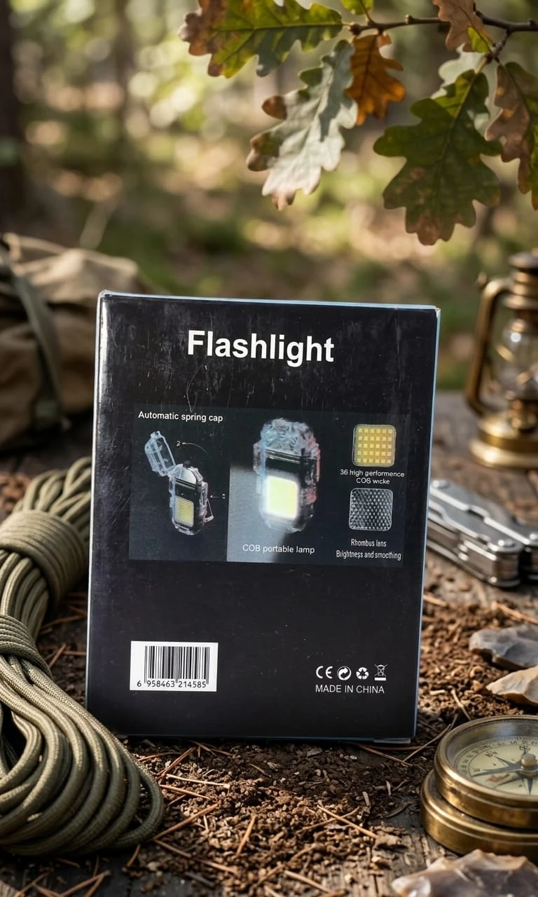 Hand holding a compact 3-in-1 USB rechargeable keychain lighter with LED flashlight and glowing heating coil