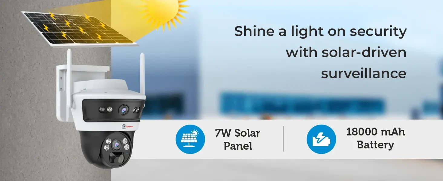 Trueview 4G solar mini pan-tilt security camera with solar panel, shown in a field with coming soon text