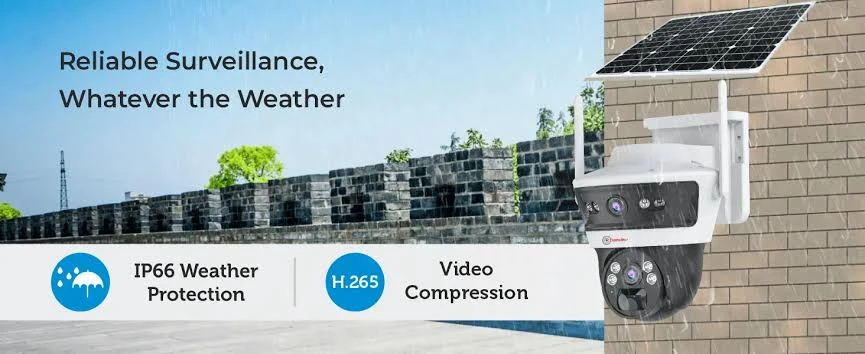 Trueview 4G solar mini pan-tilt security camera with solar panel, shown in a field with coming soon text