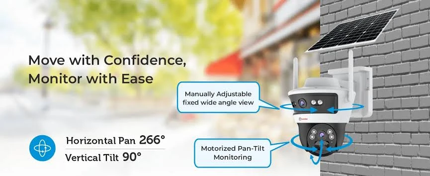 Trueview 4G solar mini pan-tilt security camera with solar panel, shown in a field with coming soon text