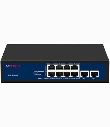 CP Plus 8-port PoE switch with Ethernet ports and two uplink ports on black metal housing