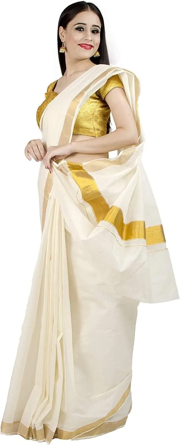Womens Kerala Kasavu Golden Tissue Plain Saree  | Saree length: 6.25 Meters | view 2