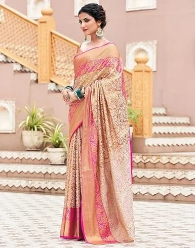 Womens Pure Kanchipuram Kanjivaram Silk Saree For Women With Zari And Smooth Thread Weaving All Over Saree Attach With Unstitch Blouse Piece view 2