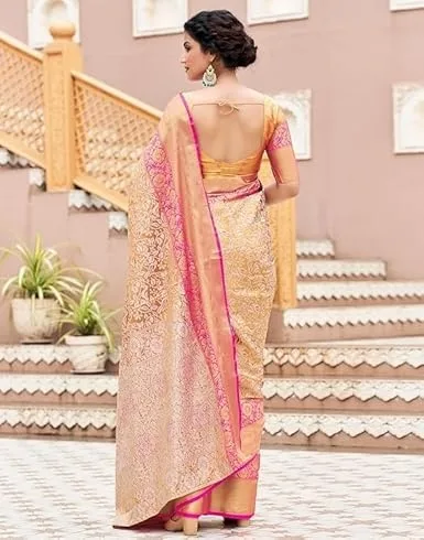 Womens Pure Kanchipuram Kanjivaram Silk Saree For Women With Zari And Smooth Thread Weaving All Over Saree Attach With Unstitch Blouse Piece view 3