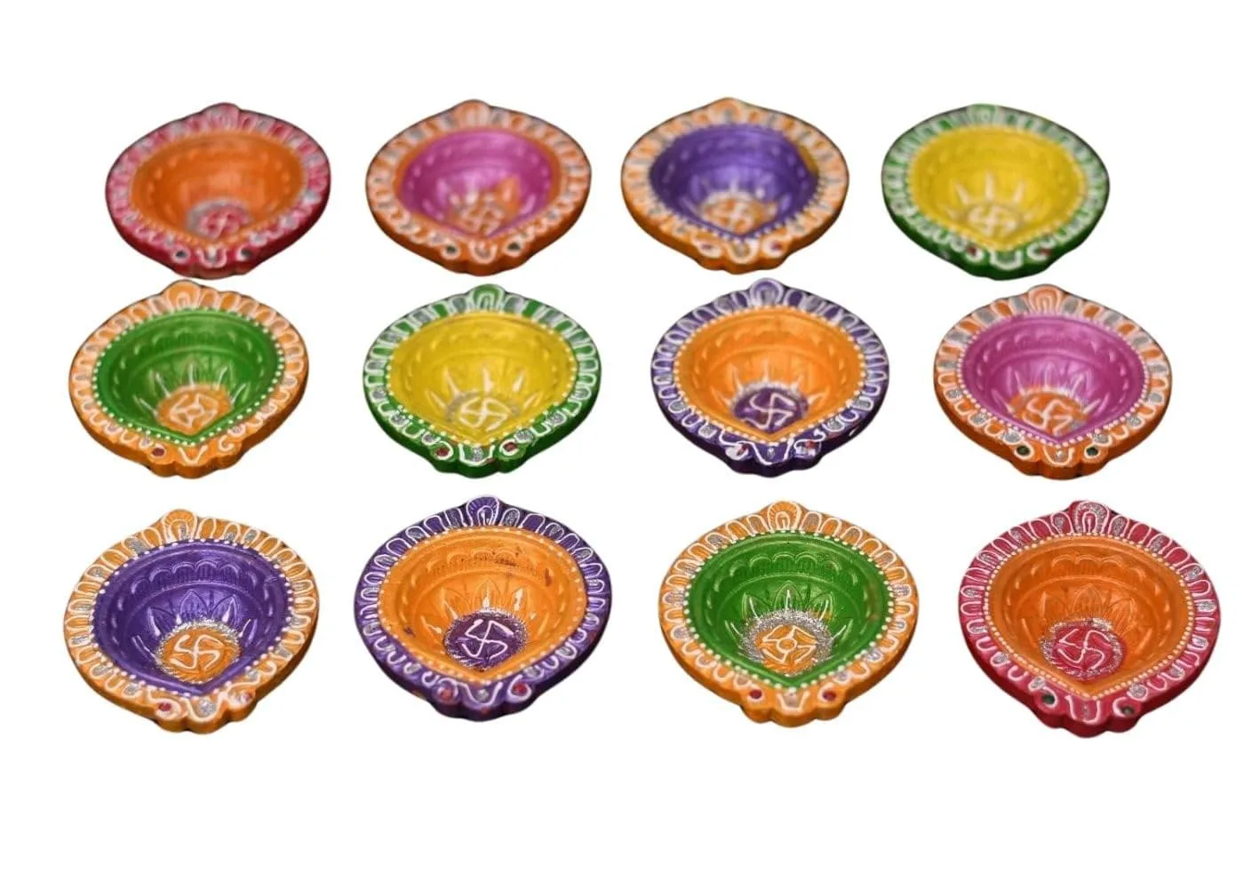 India Clay crafts 15 Diyas Diya Deepak Earthen Assorted Colorful Set - Diwali Decoration Puja - Handpainted Diya for Home Indoor Outdoor Diwali Design view 2