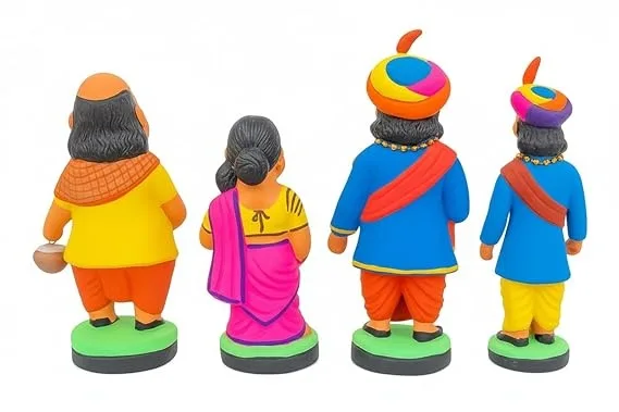 Indian Pure Mitti Clay Dolls Set of 4 | Golu Dolls | Maharashtrian Traditional Couple & Sons/Friends | Home Temple Decor, Navratri Golu Bommai, Showpi view 2