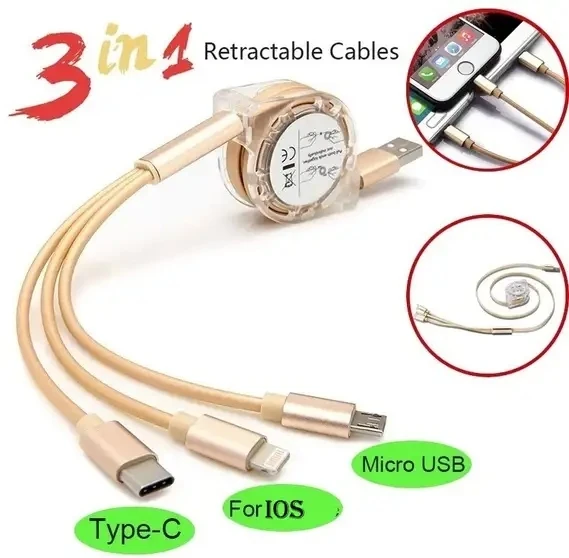 USB Retractable Fast Charger Cord, Multiple Charging Cable 3-in-1 Type view 3