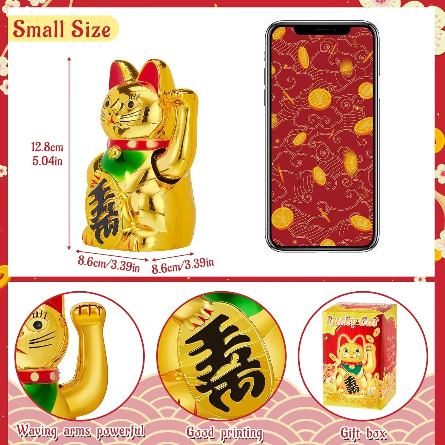 Ahina Maneki Neko Waving Cat Perfect for Home & Office DecorBattery Operated Feng Shui Lucky Cat – Waving Maneki Neko Figurine for Wealth & Prosperity (Gold)- 5 inches in Size view 4