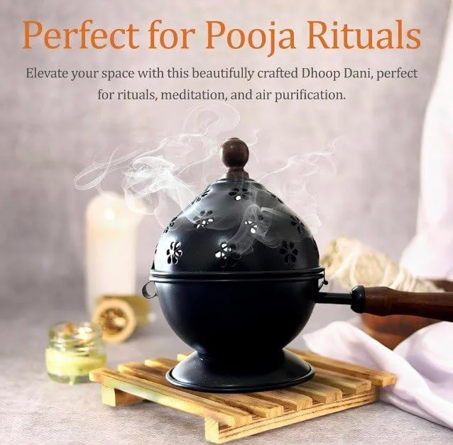 Ahina Premium Handmade Black Iron Incense Burner with Wooden Handle and Lid – Removable Incense Holder Black Dhoop Dani | Decorative Dhoop Burner for Pooja, Meditation & Home Fragrance view 3