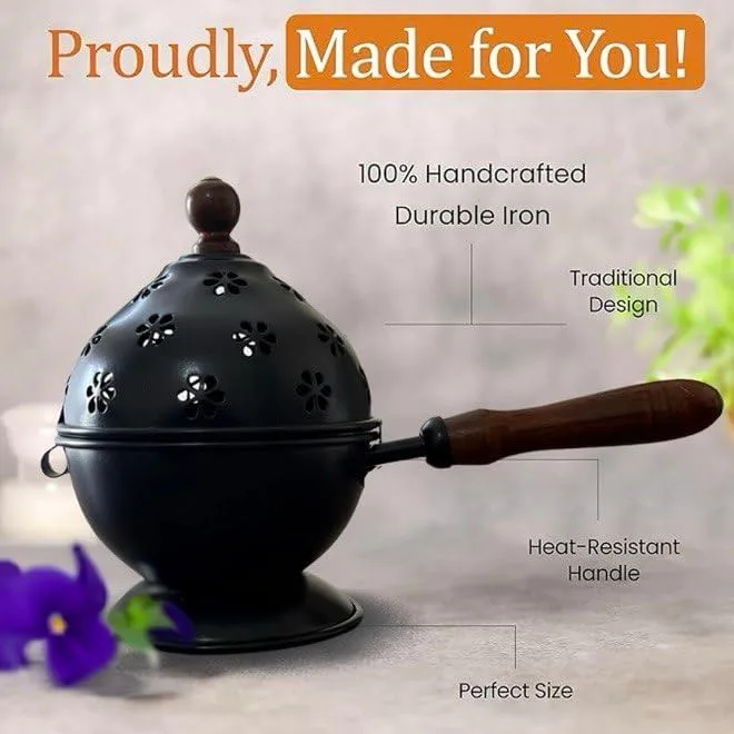 Ahina Premium Handmade Black Iron Incense Burner with Wooden Handle and Lid – Removable Incense Holder Black Dhoop Dani | Decorative Dhoop Burner for Pooja, Meditation & Home Fragrance view 4