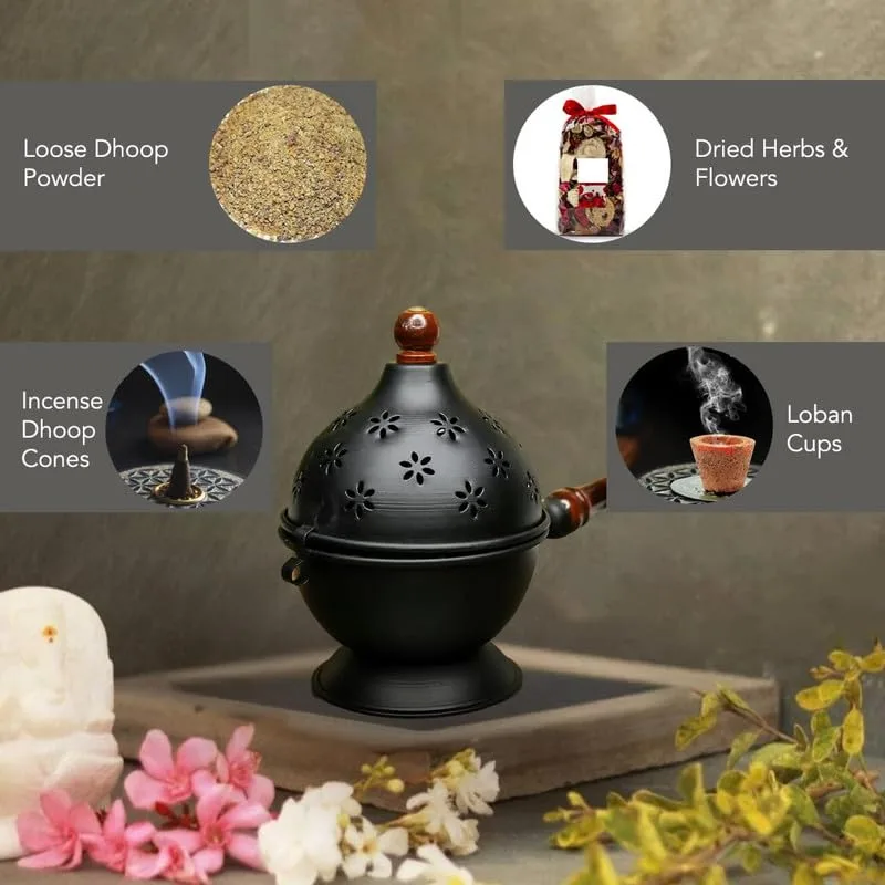 Ahina Premium Handmade Black Iron Incense Burner with Wooden Handle and Lid – Removable Incense Holder Black Dhoop Dani | Decorative Dhoop Burner for Pooja, Meditation & Home Fragrance view 6