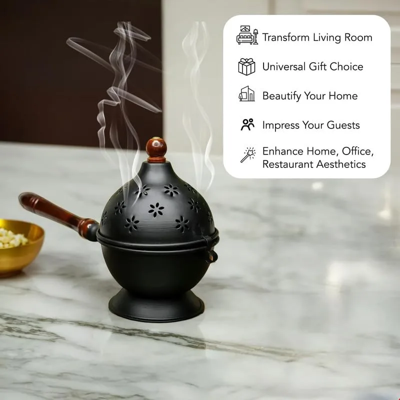Ahina Premium Handmade Black Iron Incense Burner with Wooden Handle and Lid – Removable Incense Holder Black Dhoop Dani | Decorative Dhoop Burner for Pooja, Meditation & Home Fragrance view 7