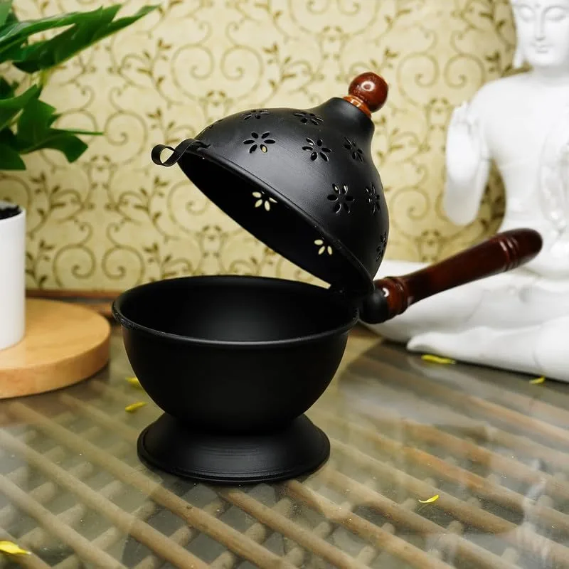 Ahina Premium Handmade Black Iron Incense Burner with Wooden Handle and Lid – Removable Incense Holder Black Dhoop Dani | Decorative Dhoop Burner for Pooja, Meditation & Home Fragrance view 8