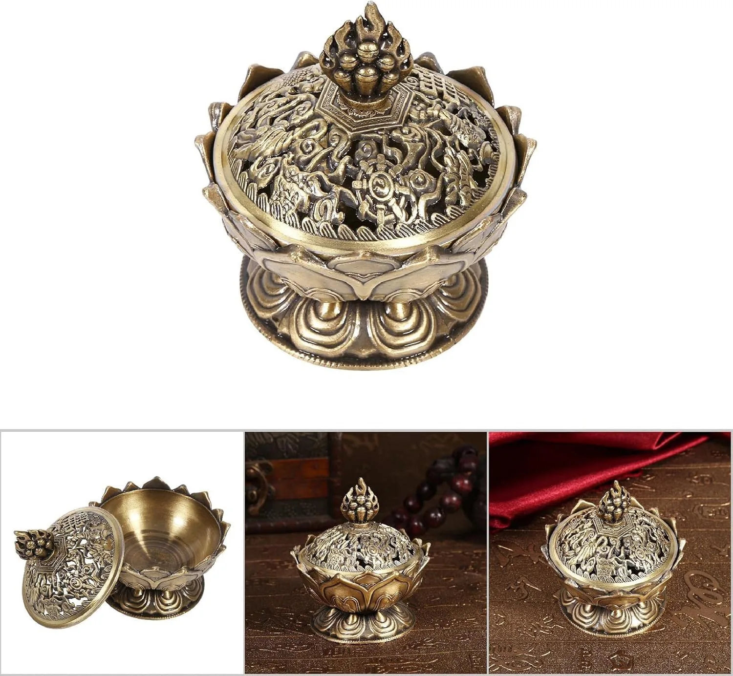 Ahina Lotus Incense Burner 9 Holes Vintage Incense Burner Cover Lotus Flower Shaped Incense Holder for Stick and Cone Incense(Bronze) view 5