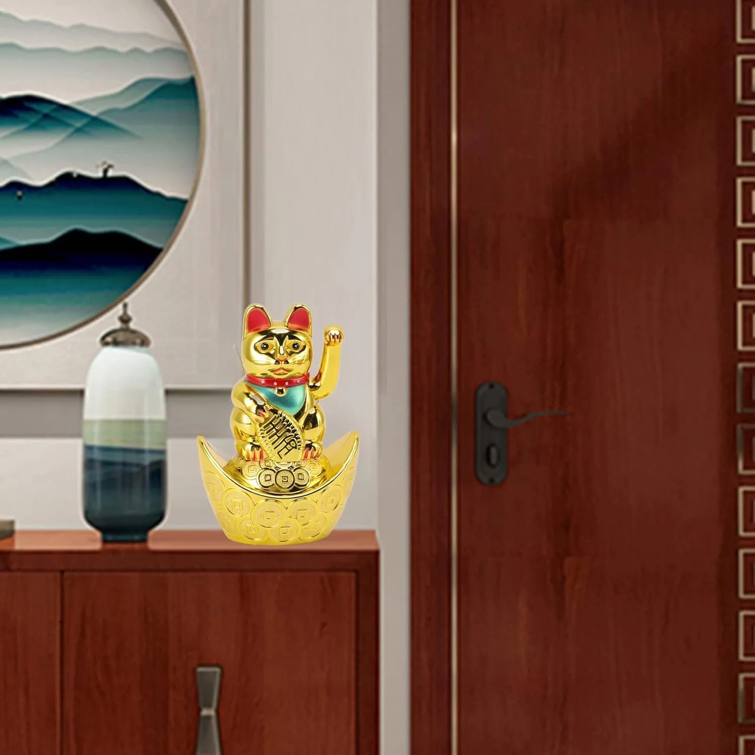 Ahina Maneki Neko Waving Cat on Boat Perfect for Home & Office DecorBattery Operated Feng Shui Lucky Cat – Waving Maneki Neko Figurine for Wealth & Prosperity (Gold)-5.5 inches in Size view 2