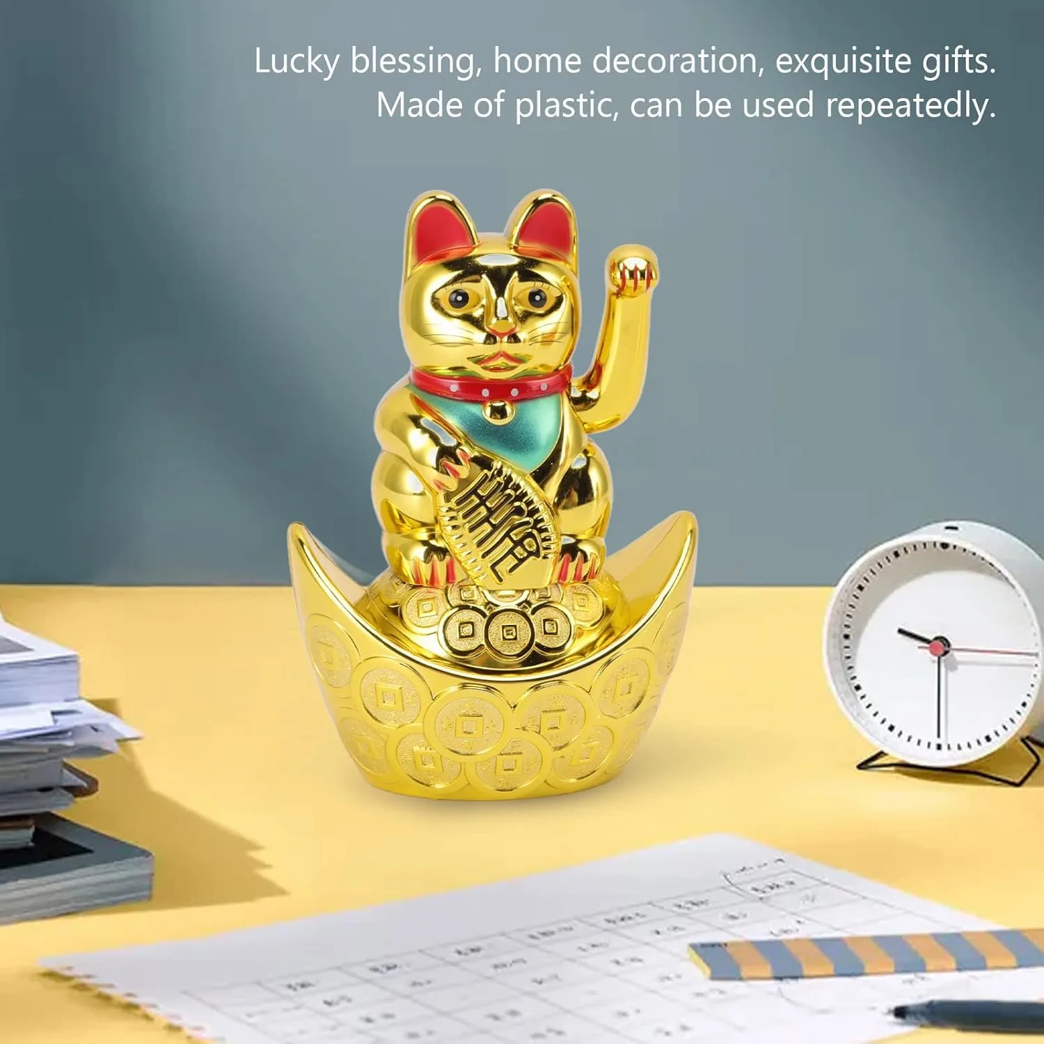 Ahina Maneki Neko Waving Cat on Boat Perfect for Home & Office DecorBattery Operated Feng Shui Lucky Cat – Waving Maneki Neko Figurine for Wealth & Prosperity (Gold)-5.5 inches in Size view 4