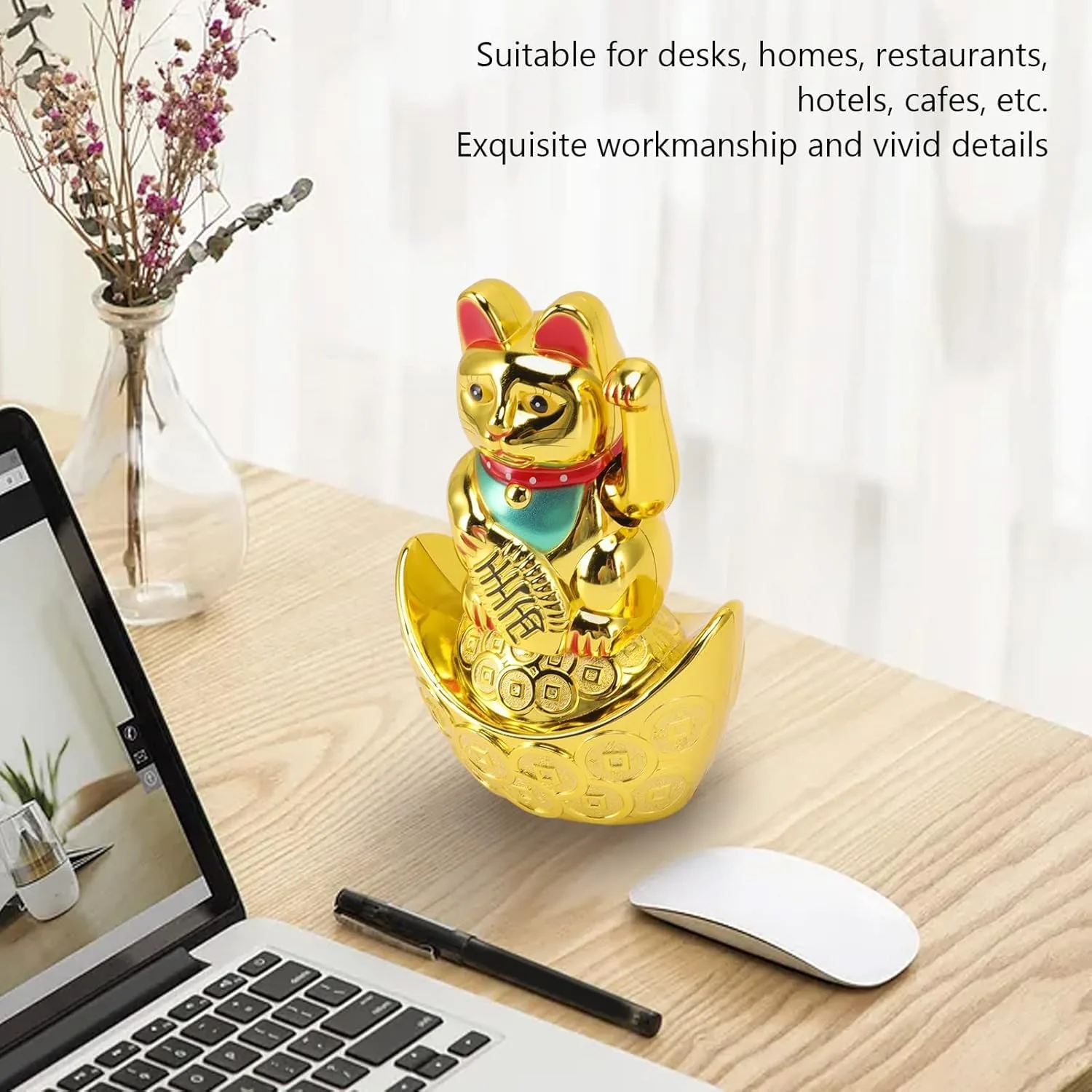 Ahina Maneki Neko Waving Cat on Boat Perfect for Home & Office DecorBattery Operated Feng Shui Lucky Cat – Waving Maneki Neko Figurine for Wealth & Prosperity (Gold)-5.5 inches in Size view 5