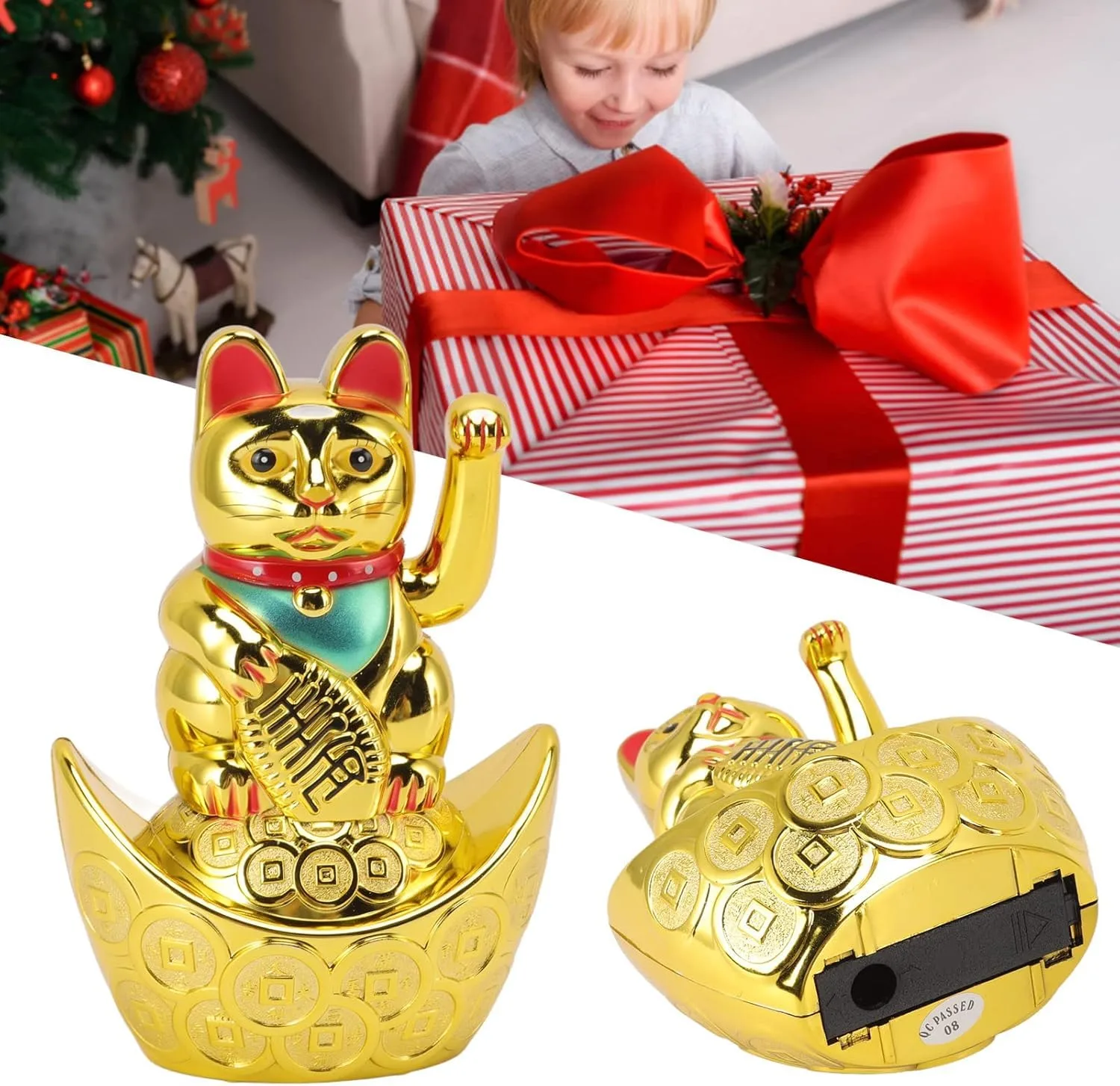 Ahina Maneki Neko Waving Cat on Boat Perfect for Home & Office DecorBattery Operated Feng Shui Lucky Cat – Waving Maneki Neko Figurine for Wealth & Prosperity (Gold)-5.5 inches in Size view 7