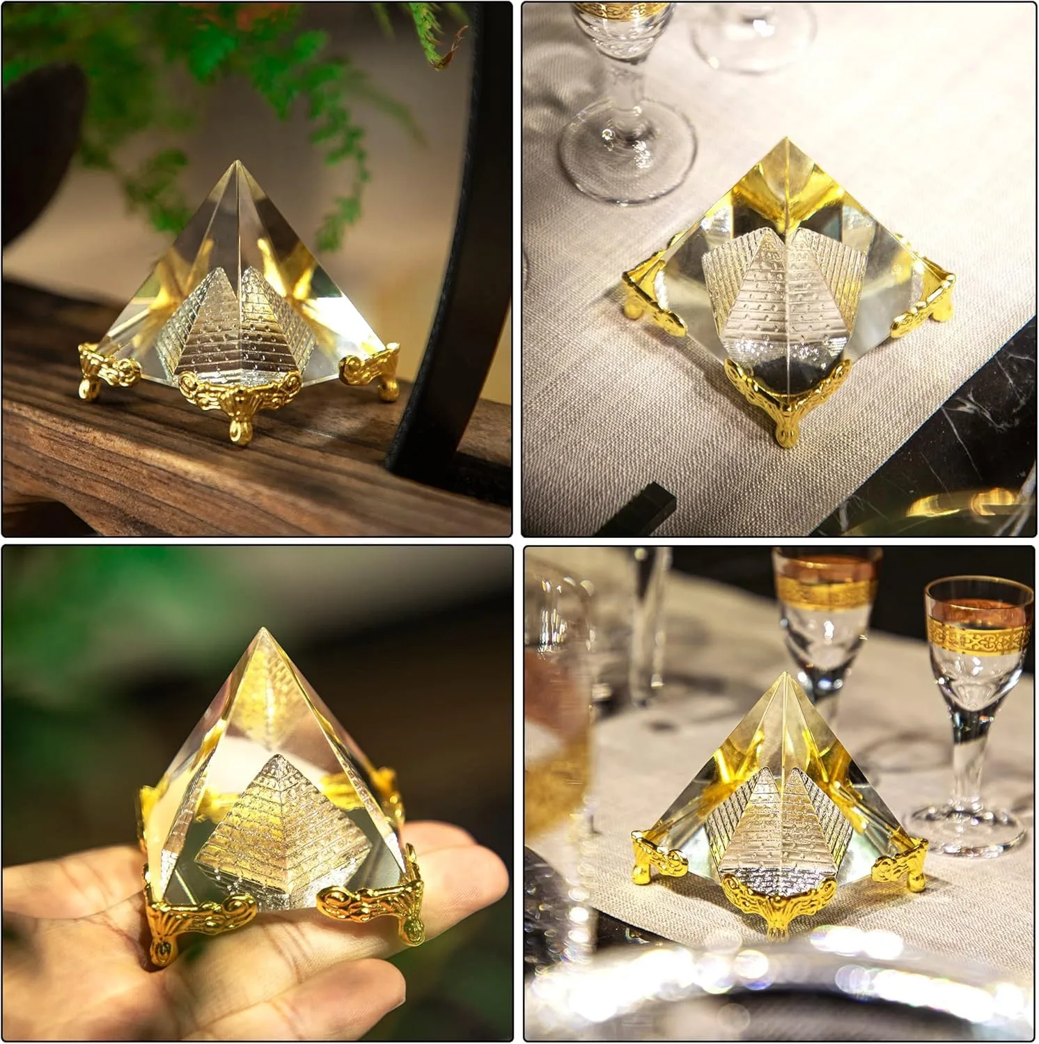 Ahina Pyramid Prism Paperweight 2.4"- Meditation Crystals Home Art Decor Feng Shui for Prosperity Positive Energy with Gold Stand view 3