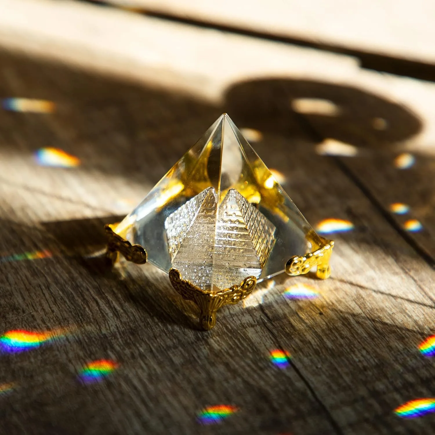 Ahina Pyramid Prism Paperweight 2.4"- Meditation Crystals Home Art Decor Feng Shui for Prosperity Positive Energy with Gold Stand view 4