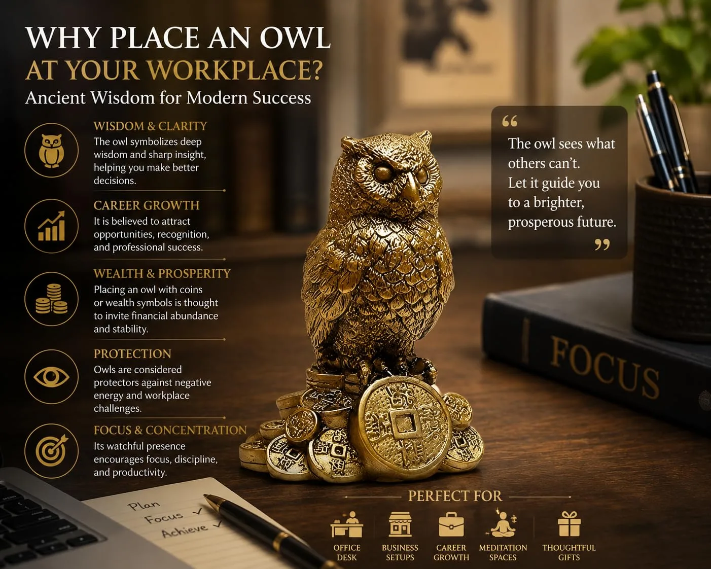 AhinaFeng Shui Owl Showpiece for Home & Office – Vastu Decorative Owl Statue for Wisdom, Protection & Good Luck, Tabletop Décor Gift Item view 3