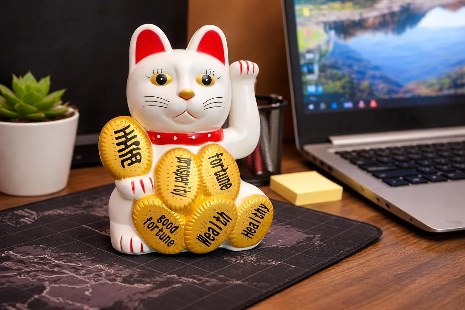 Ahina Feng Shui Lucky Cat Maneki Neko Figurine, White with Golden Coins, Wealth and Good Luck Showpiece for Home and Office Decor view 5