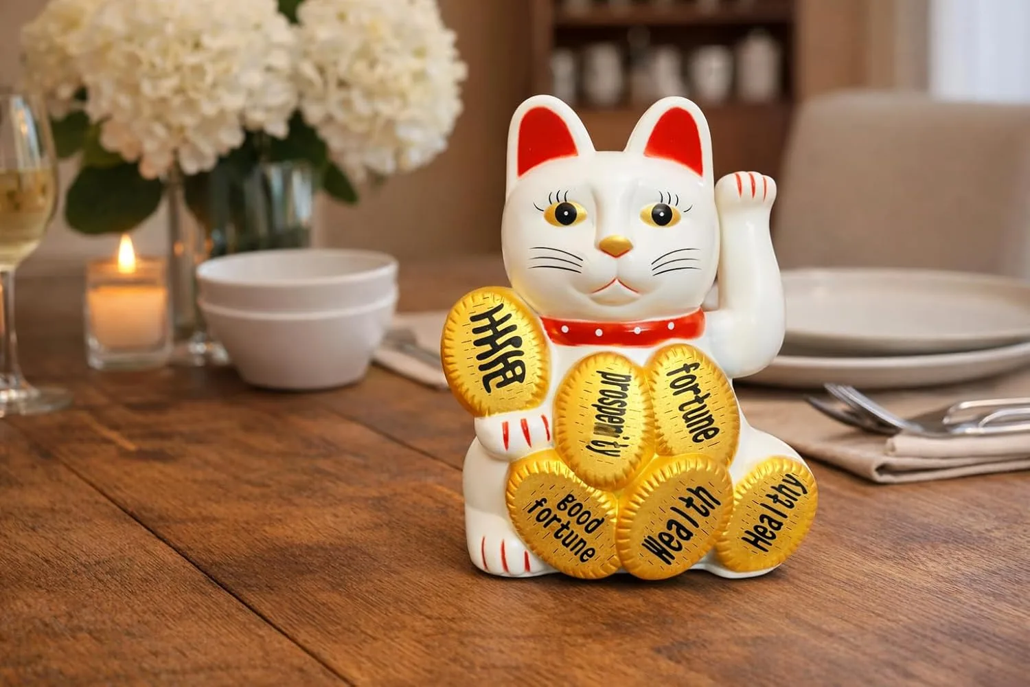 Ahina Feng Shui Lucky Cat Maneki Neko Figurine, White with Golden Coins, Wealth and Good Luck Showpiece for Home and Office Decor view 2