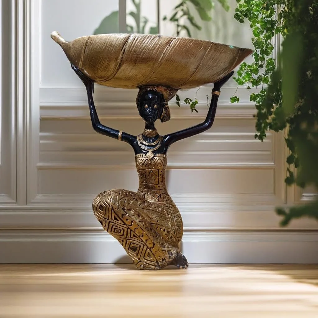 African Lady Showpiece Statue with Leaf Bowl view 2