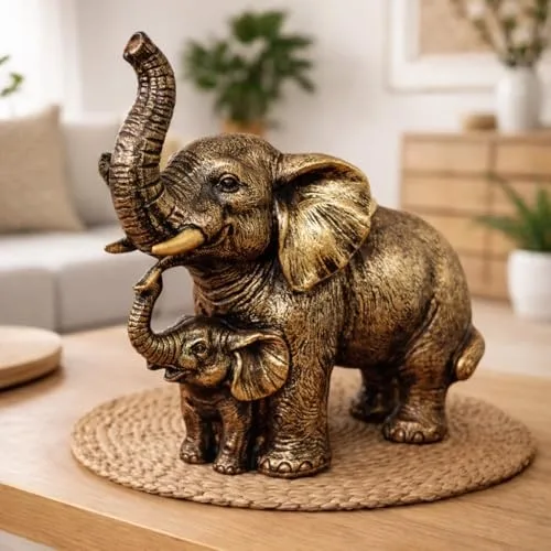 Golden Elephant Statue with Baby view 3