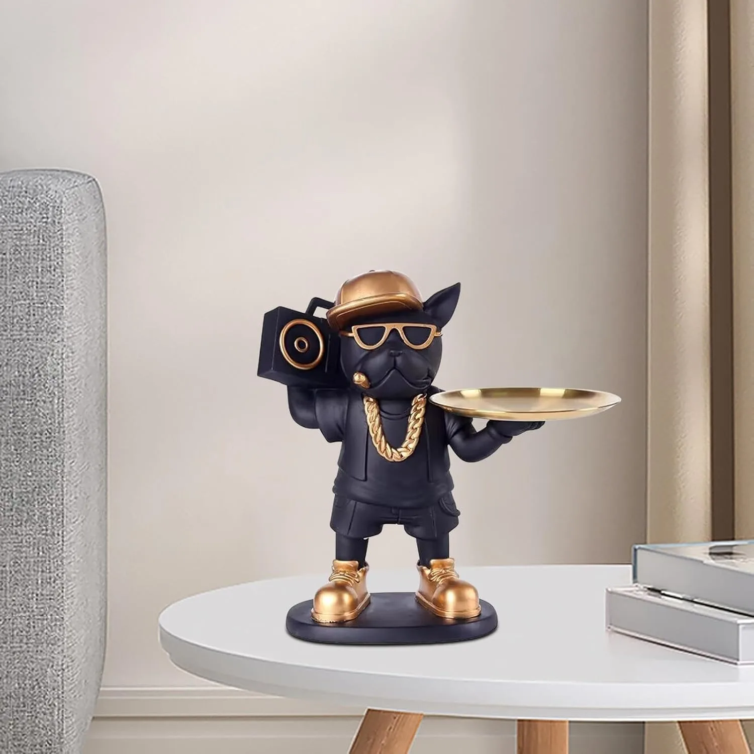 DJ Bulldog Butler Statue with Gold Serving Tray view 3