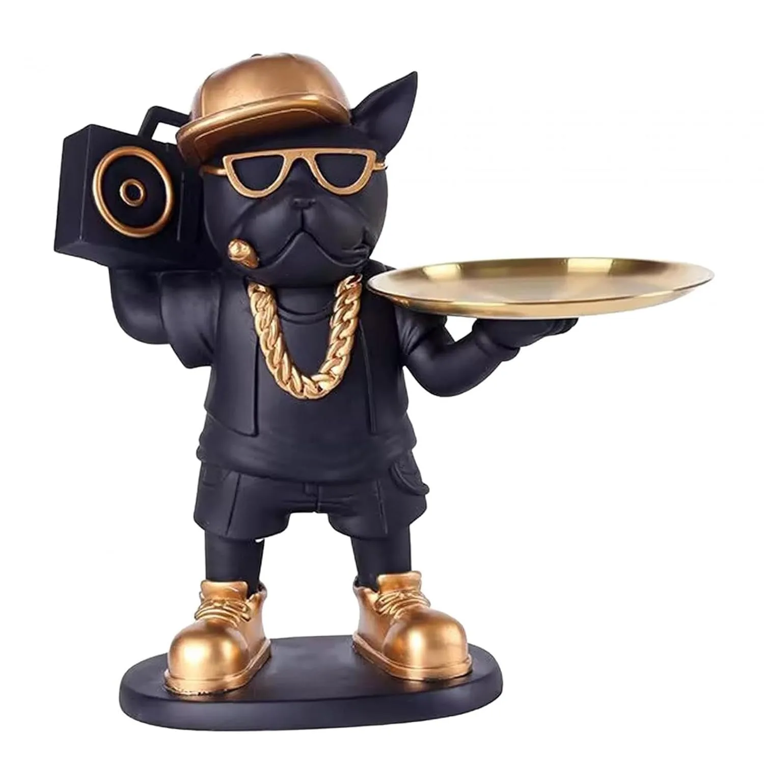 DJ Bulldog Butler Statue with Gold Serving Tray view 4