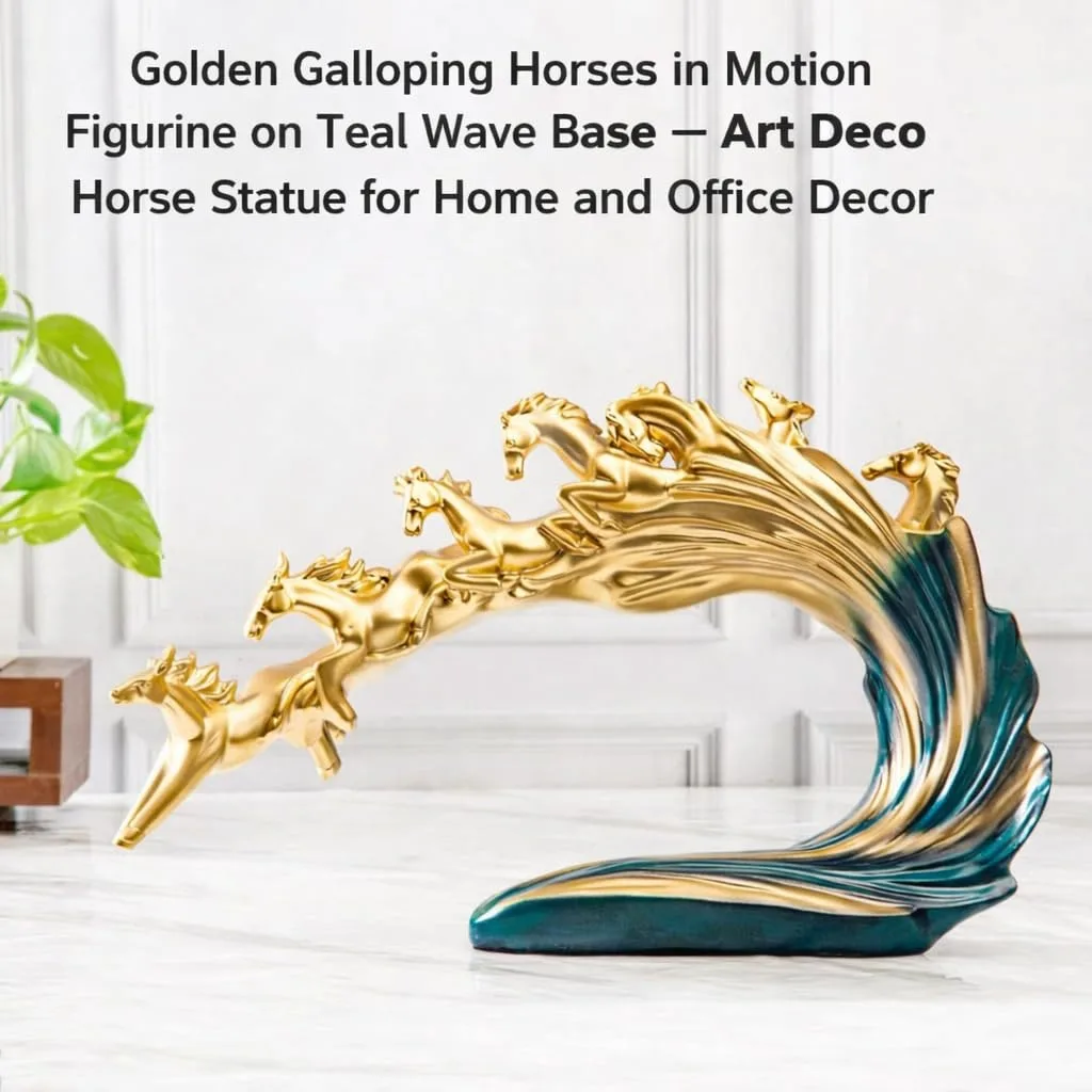 Golden Galloping Horses in Motion Figurine on Teal Wave Base view 2