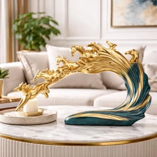 Golden Galloping Horses in Motion Figurine on Teal Wave Base view 6