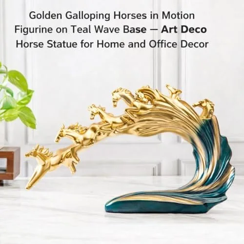 Golden Galloping Horses in Motion Figurine on Teal Wave Base view 4