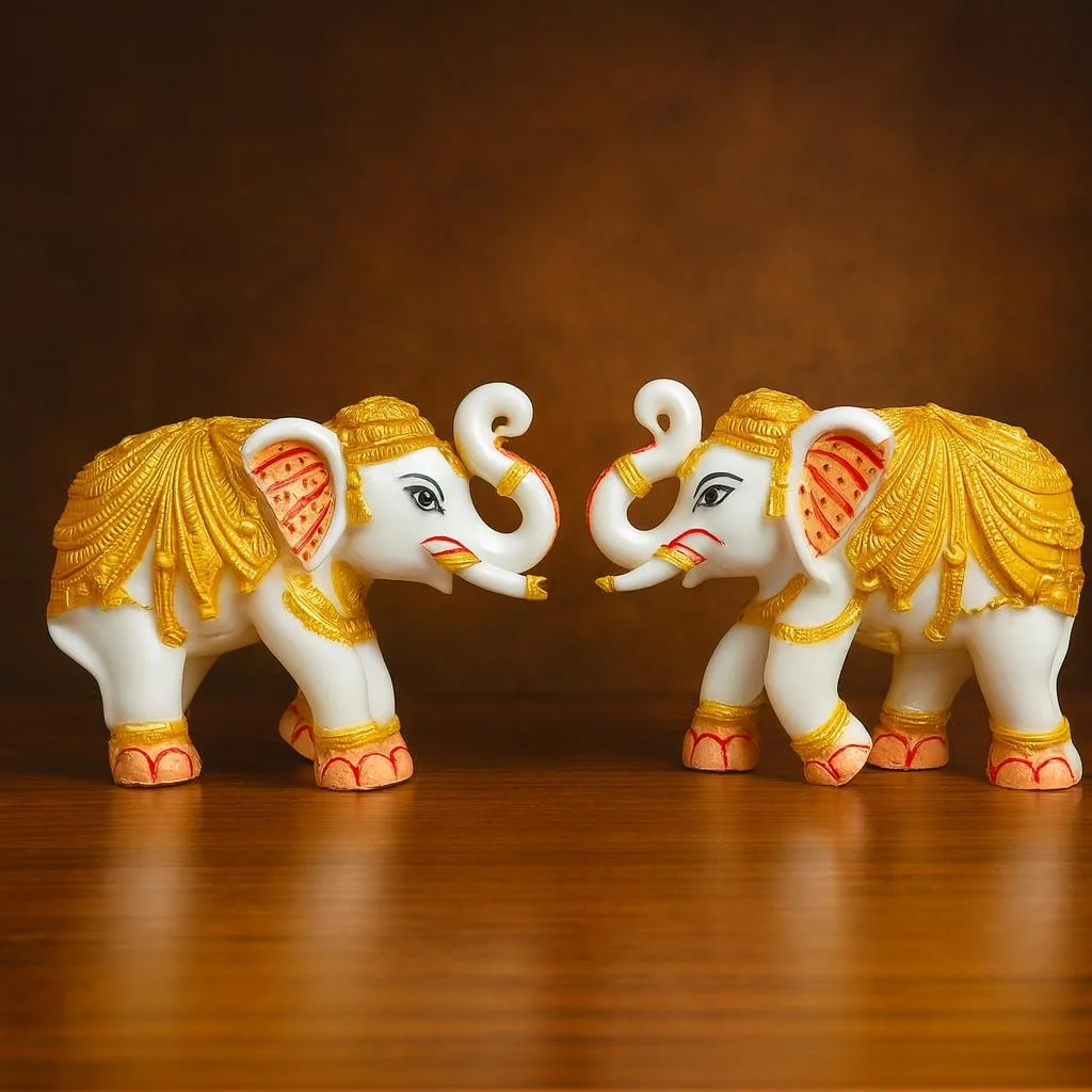 White & Gold Elephant Statue Pair view 3